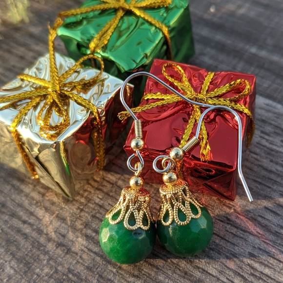 Christmas Ornament Green Jade Earrings - Picture 2 of 5